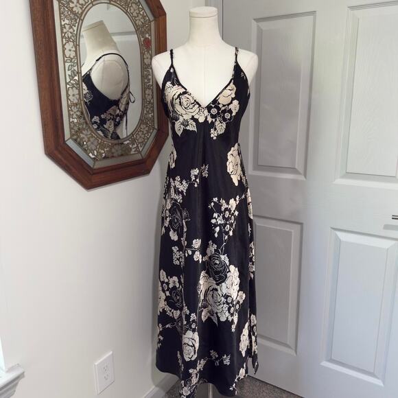 VTG 90s California Dynasty Black & Ivory Floral Satin Tie Back Maxi Slip Dress L - Picture 1 of 7